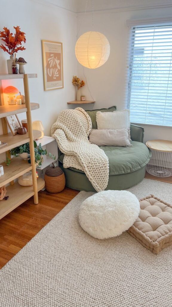 white throw blanket on sage green couch in bedroom