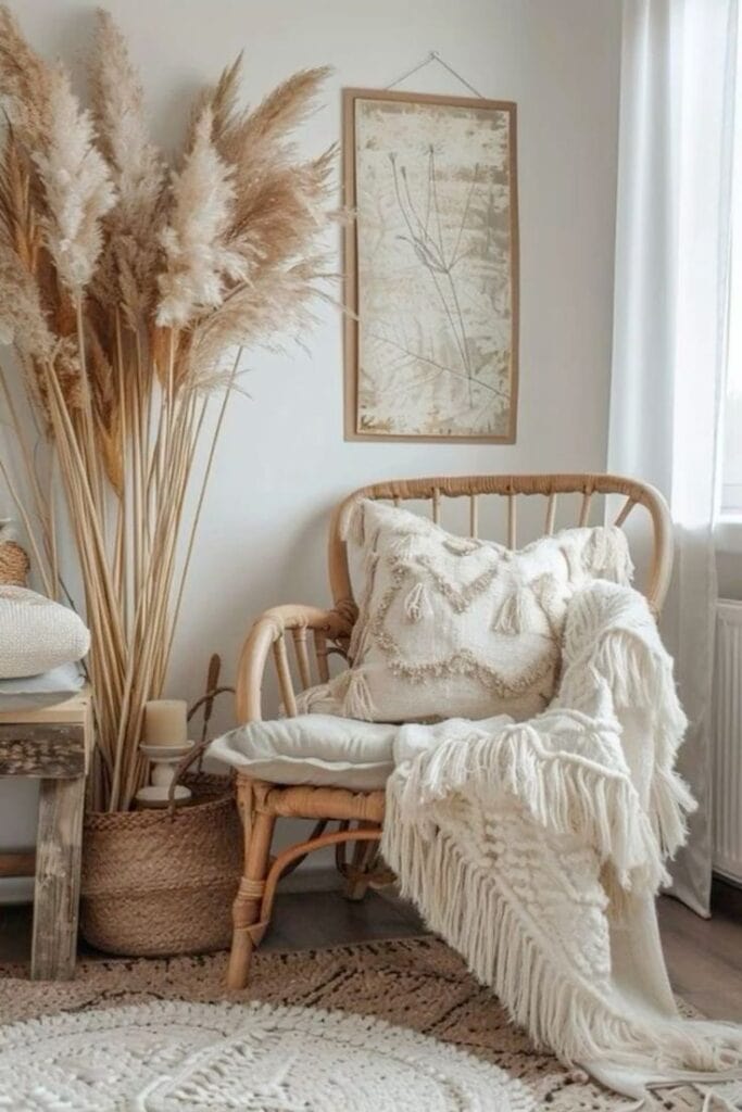 throw pillow on wooden chair bohemian bedroom decor ideas