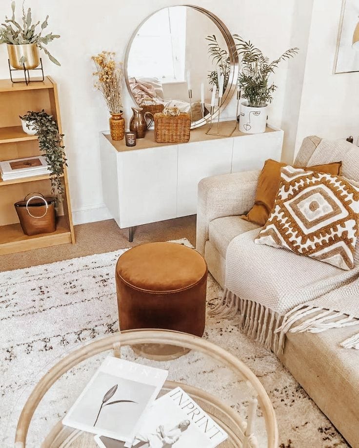 boho-inspired area rug living room essentials for first apartment