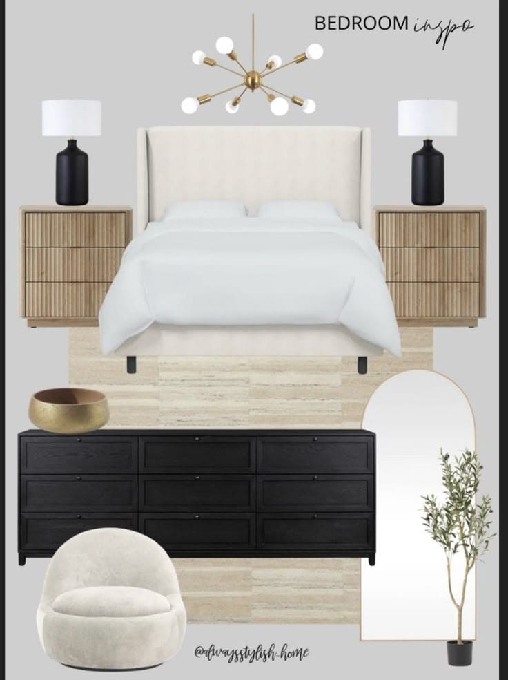 mix and match bedroom furniture ideas with black dresser, cream bed frame, and cool toned brown side tables