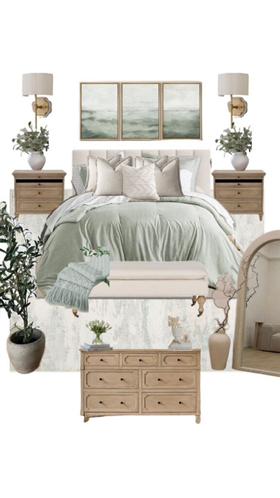 bedroom mood board with sage green, cream, cool toned wood