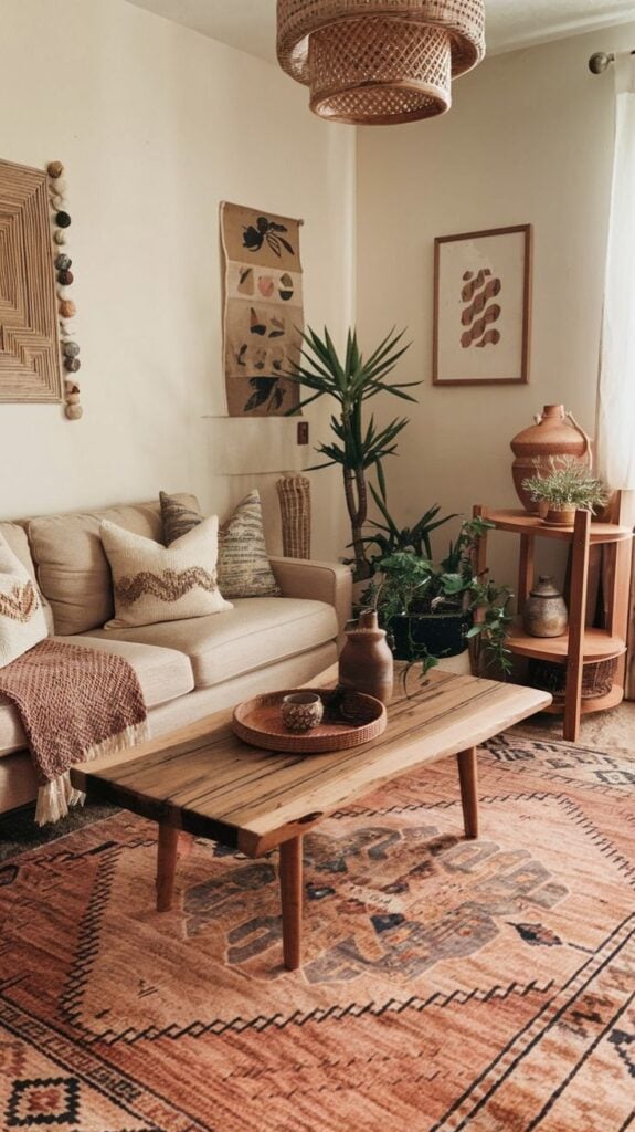 western boho living room decor with southwestern rug