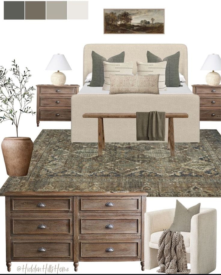 mood board for bedroom with brown, green, and beige tones