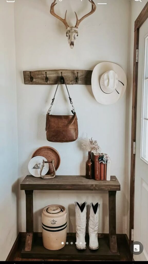 antlers in front door entryway western boho living room decor