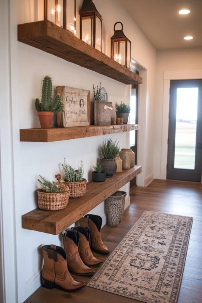 western boho living room decor wall shelves decor with cacti lanterns and cowboy boots