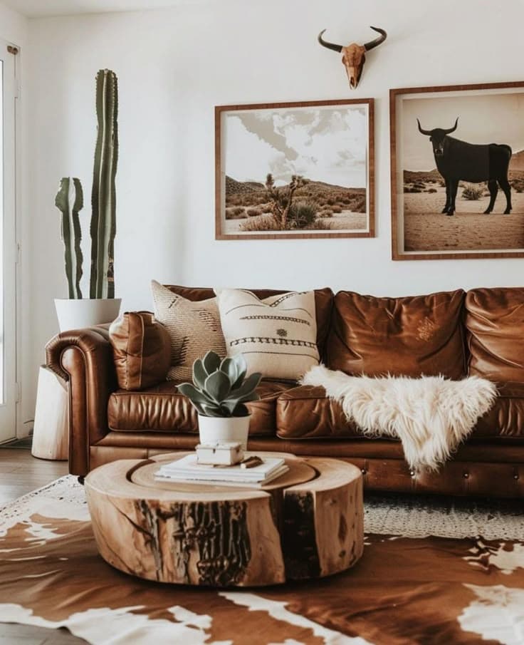 western boho living room decor with leather couch and cattle art prints