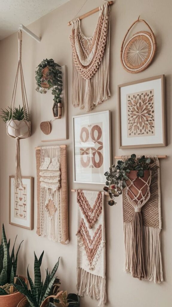 macrame wall hangings and hanging plants