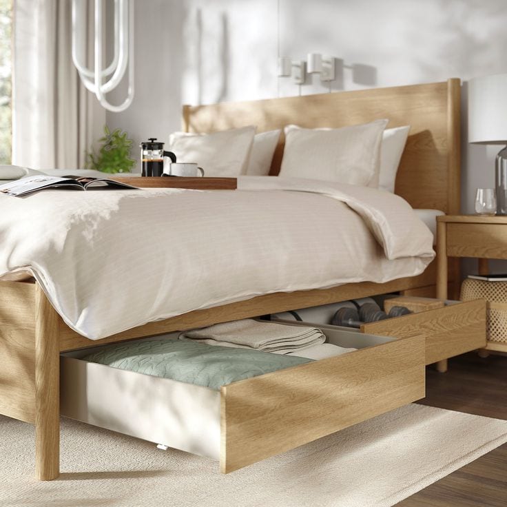 wood bed frame with drawers underneath for storage