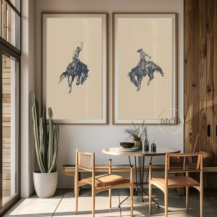 western boho living room decor cowboys on horses art prints